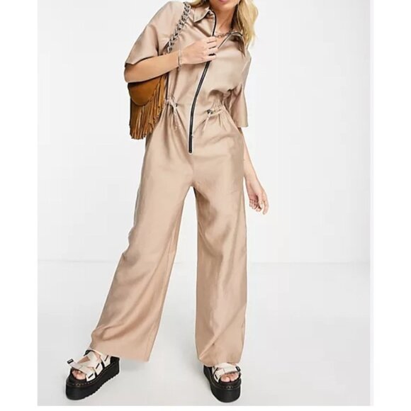 Topshop Utility Zip Jumpsuit Stone retro relaxed 90s hipster street wear sz 4 - Picture 1 of 10